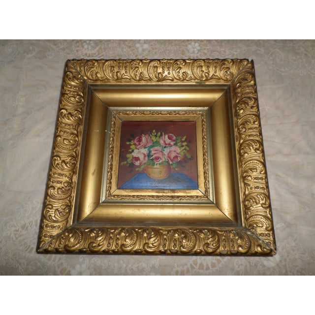 Antique Flowers in Vase Oil on Board in Ornate Baroque Wood & Gesso Frame For Sale - Image 9 of 10