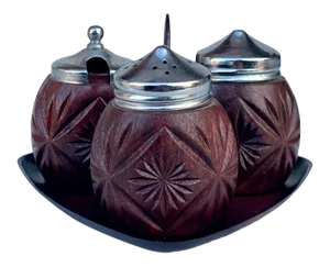 Mid-Century Modern Atomic Faux Wood Salt & Pepper Shaker Caddy Set by Twinco