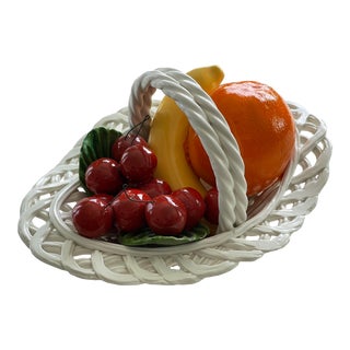 Vintage Italy Bassano Pottery Fruit Bowl With Braided Rim & Handle For Sale