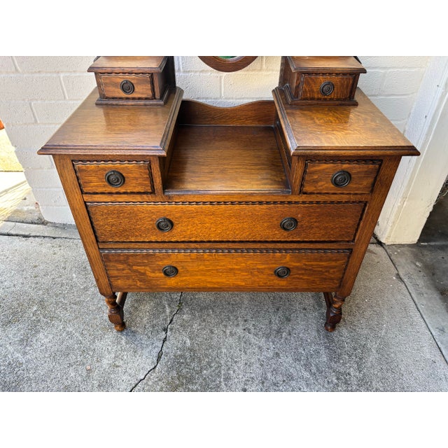 Antique 1900s Tiger Oak Vanity / Dresser With a Swivel Mirror, Featuring Barley Twist Columns and Legs For Sale - Image 9 of 12