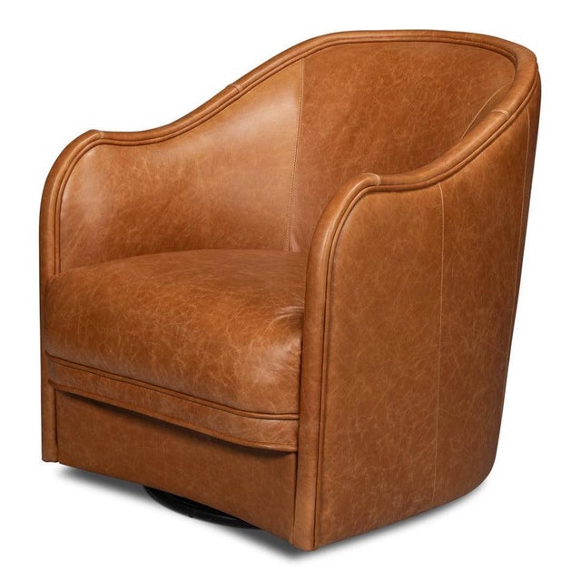 A continuous curve of chestnut-brown leather forms the back and sloping arms, bringing the lounge chair's shell together...