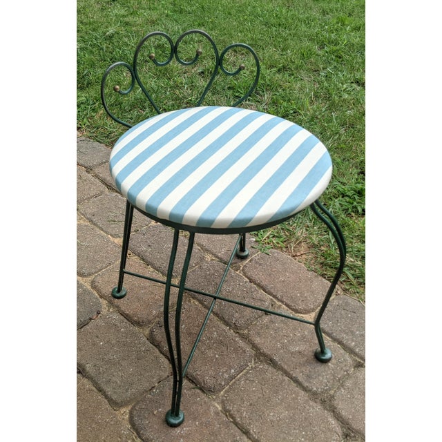 Vintage Wrought Iron Vanity Stool With Blue Cabana Stripe Seat Chairish