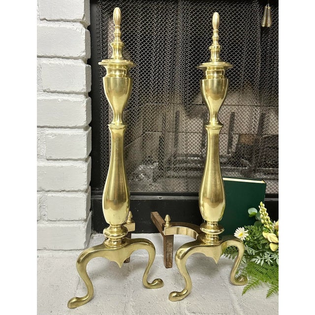 Mid 20th Century Vintage Federal Styled Andirons Solid Brass Cast Iron Legs Fire Dogs - a Pair For Sale - Image 5 of 7