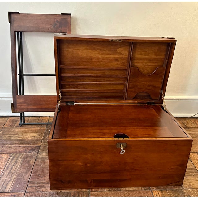 English Campaign Style Lift-Top Writing Chest on Folding Iron Stand | Mid-Century British Colonial For Sale - Image 3 of 12