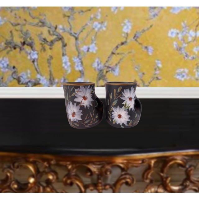 Mid-Century Vallauris Black White Floral Blossoms Terracotta Mugs- A Pair For Sale - Image 9 of 18