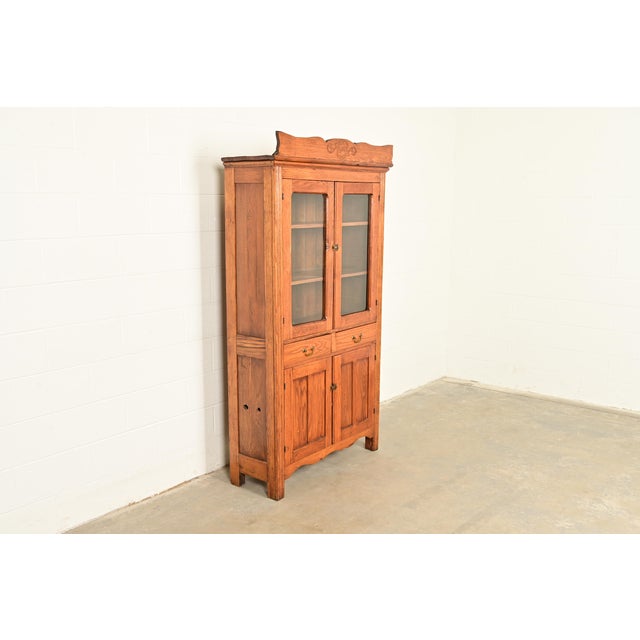 Antique Victorian Carved Oak Glass Front Bookcase or Dining Cabinet, Circa 1900 For Sale - Image 4 of 17