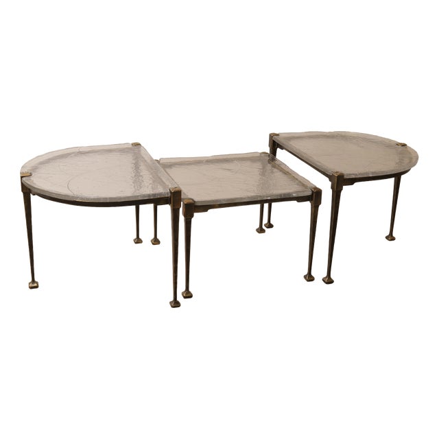 Brutalist Wrought Bronze and Crystal Glass Coffee Table by Lothar Klute, 2001, Set of 3 For Sale