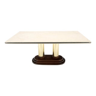 Rounded Edge Marble Top Single Brass Pedestal Base Dining Conference Table For Sale