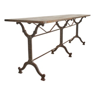 Antique French Wrought Iron Bistro Table with Wooden Top, 1890s For Sale