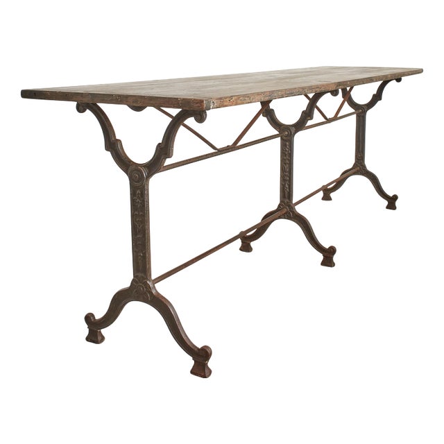 Antique French Wrought Iron Bistro Table with Wooden Top, 1890s For Sale