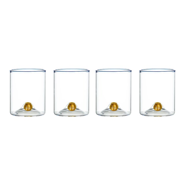 Golden Globe Stemless Wine Glass with Blue Trim - Set of 4 For Sale