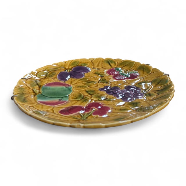 Early 20th Century Antique French Barbotine Majolica Fruit Decorative Plate For Sale - Image 5 of 16