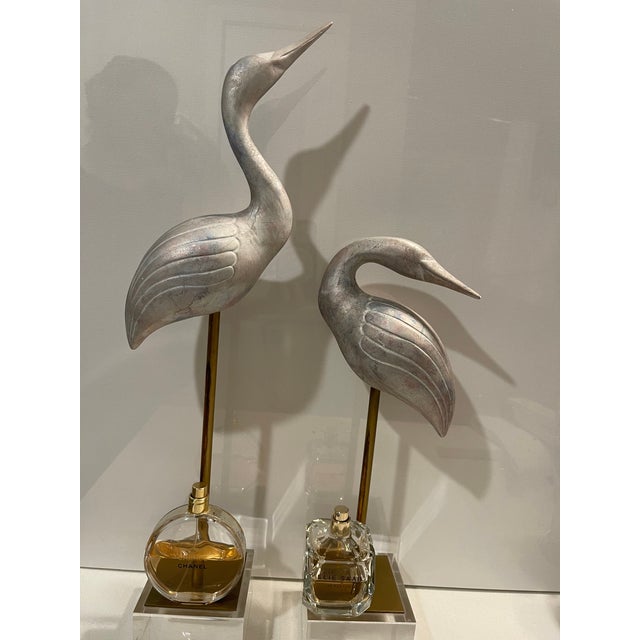 Maitland - Smith 1970s Hollywood Regency Silver Leaf Crane Sculptures on Thick Lucite Bases - A Pair For Sale - Image 4 of 12
