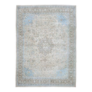 1970s Vintage Persian Handmade Wool Cotton Beige Blue Area Rug For Sale