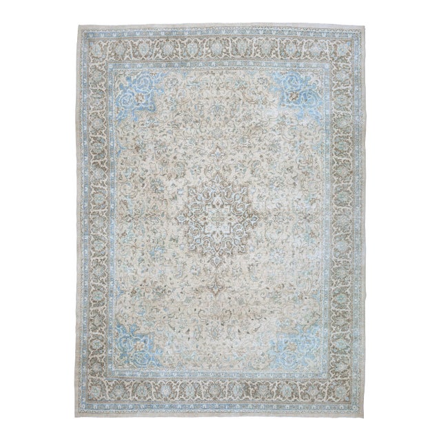 1970s Vintage Persian Handmade Wool Cotton Beige Blue Area Rug For Sale