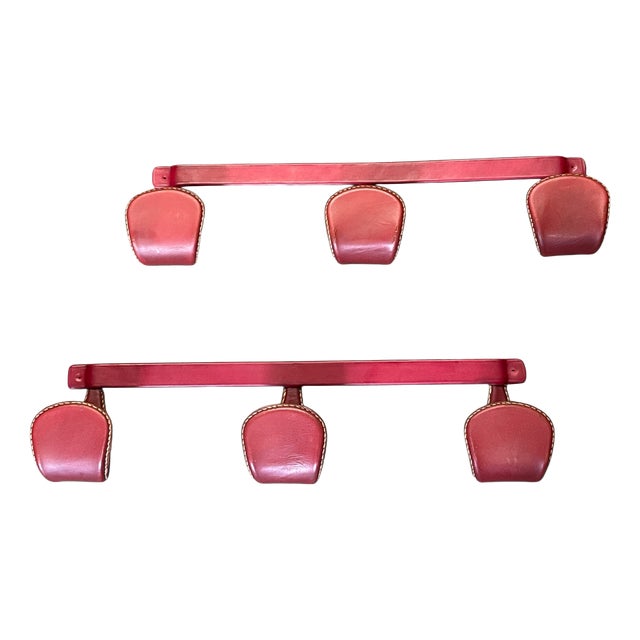 Vintage Stitched Leather Coat Rack by Jacques Adnet, 1950s, Set of 2 For Sale