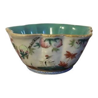 Antique 19th Century Chinese Export Porcelain Bowl Decorated with Peaches & Bats with Turquoise Interior For Sale