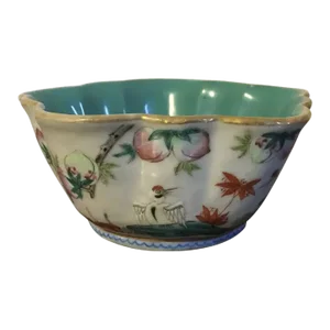 Antique 19th Century Chinese Export Porcelain Bowl Decorated with Peaches & Bats with Turquoise Interior