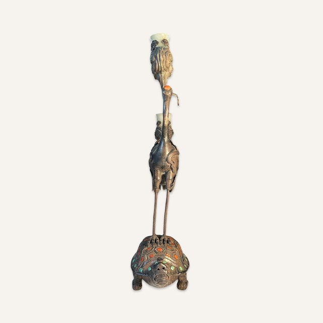 Chinese Pair of 19th Century Chinese 2-Arm Candelabra Representing Herons Standing on the Backs of Turtles For Sale - Image 3 of 11