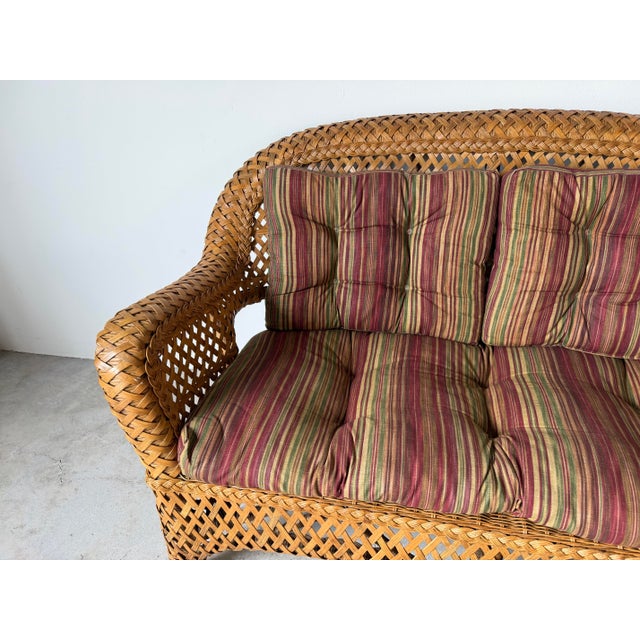 Vintage Coastal Rattan & Wicker Loveseat With Original Cushions For Sale - Image 4 of 12