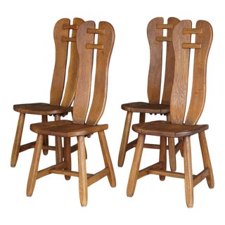 Brutalist Oak Dining Chairs from De Puydt, 1970s, Set of 4 For Sale
