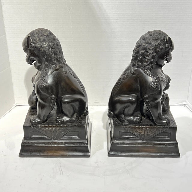 Vintage Patinated Metal Foo Lion Sculptures - A Pair For Sale - Image 9 of 12