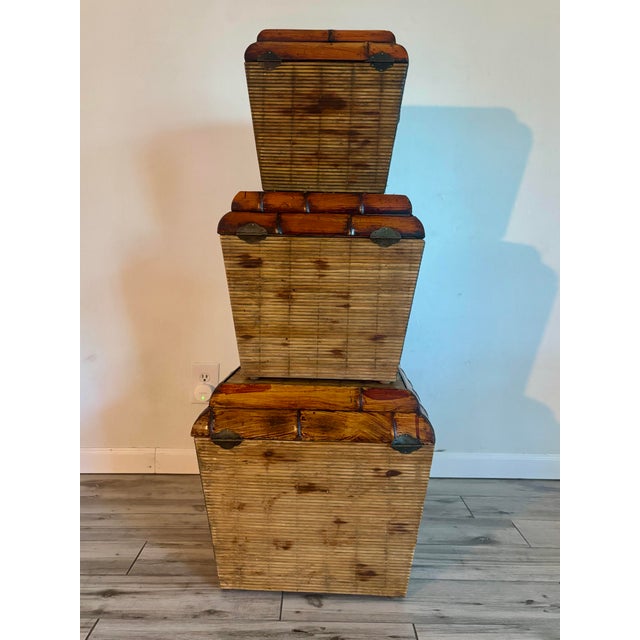 Beautifully crafted set of three bamboo storage boxes, each framed with thick bamboo borders and lined with woven bamboo...