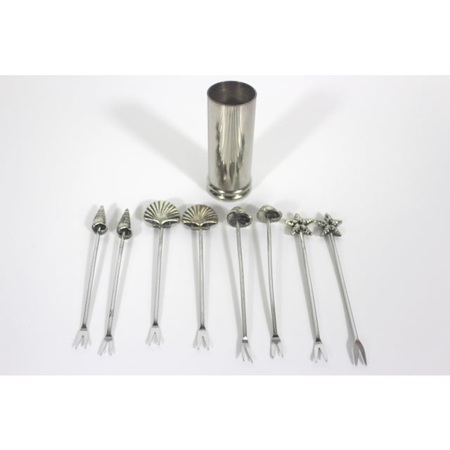 Vintage Silverplated Seashell Cocktail Picks Forks With Holder Set of 9 For Sale - Image 9 of 9