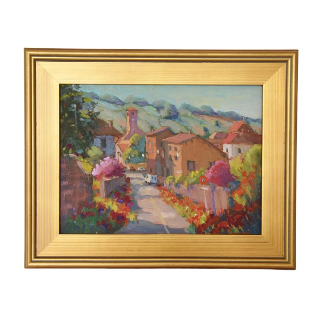 Wood Silvio Silvestri, Italian Village With Flowers Oil Painting Including the Antiqued Gold Frame For Sale - Image 7 of 13