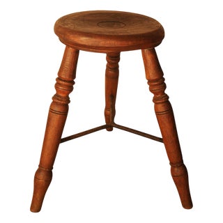 Fruitwood Primitive Lace Makers Stool with Iron Stretchers & Turned Legs For Sale