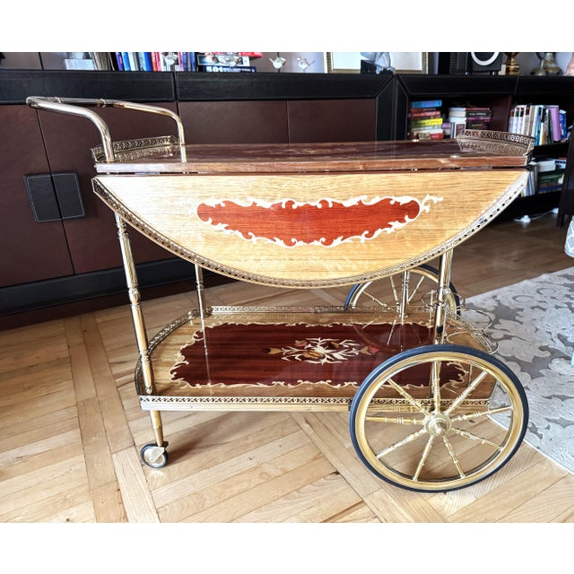 Vintage Brass and Marquetry Bar Cart, Italian Style Drinks Trolley with Folding Leaves, 1960s, 1970s For Sale - Image 14 of 18