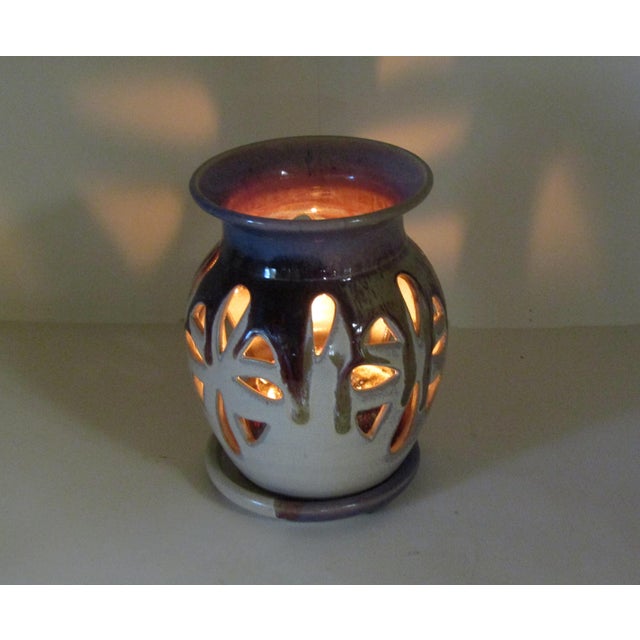 Signed Studio Pottery Pierced Luminary Candle Holder With Matching Dish For Sale - Image 13 of 13