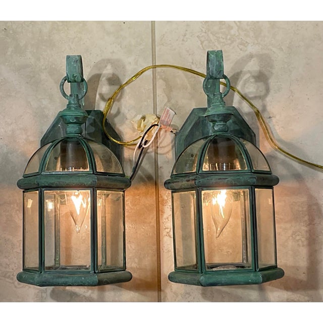 Small Pair of Vintage-Style Solid Brass Wall Lanterns Sconces- 12”25 X 6” X6” For Sale - Image 10 of 11