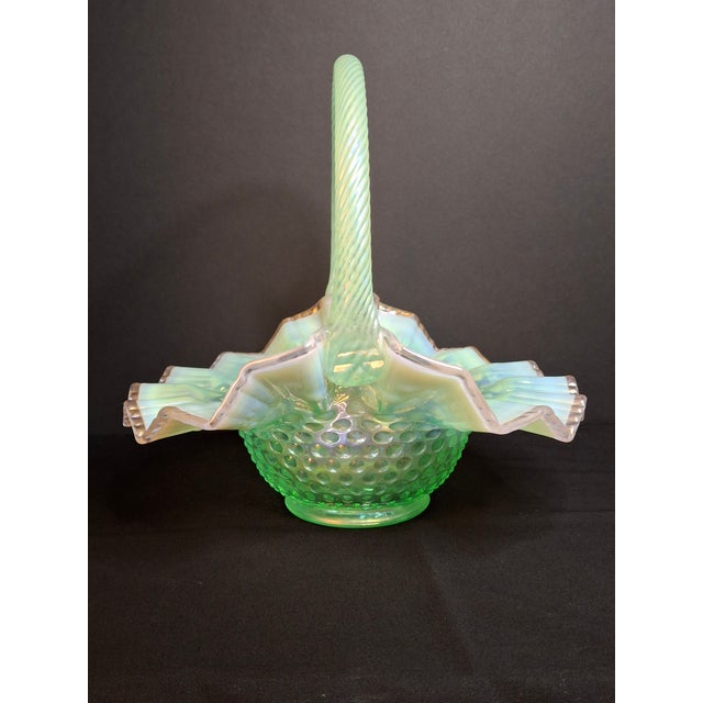 Vintage Fenton Green Opalescent Carnival Hobnail Glass Basket Ruffled Iridescent 10" For Sale - Image 10 of 16