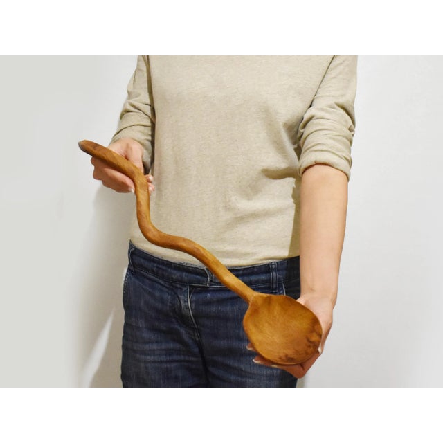 Vintage Large Hand Carved Wavy Curve Irregular Handle Spoon Ladle For Sale - Image 6 of 7