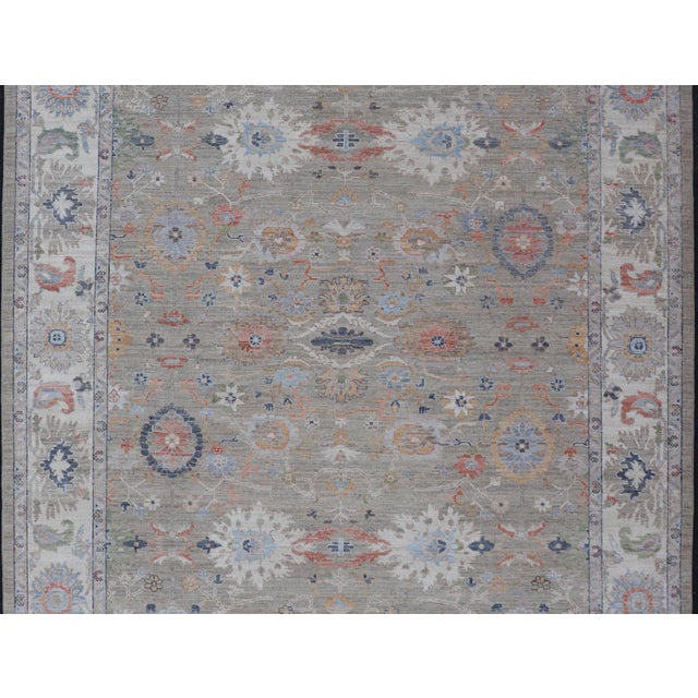 Modern Oushak Rug by Keivan Woven Arts, Muted Greens & Florals 9'0 X 12'4 For Sale - Image 4 of 15