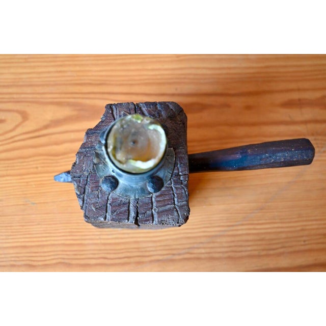Wood Primitive Candleholder in Raw Wood and Pewter For Sale - Image 7 of 10