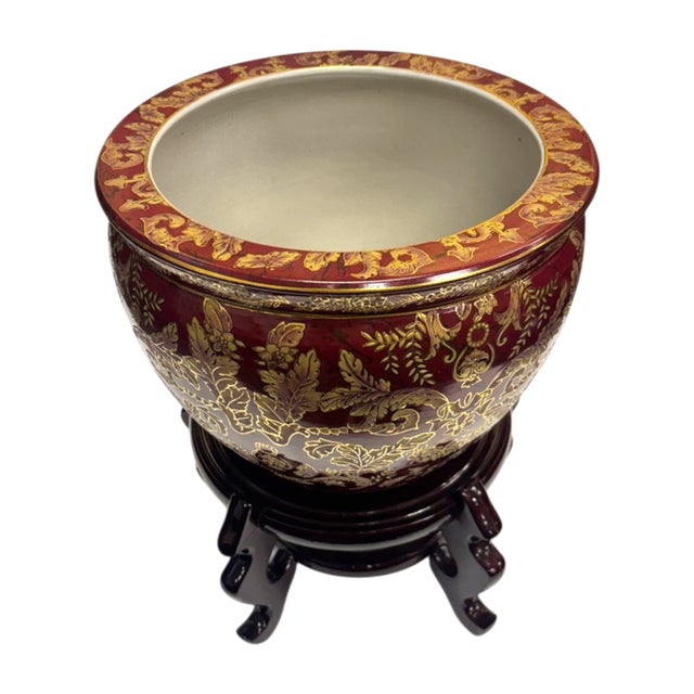 Mid- Century Ceramic Chinese Fish Bowl Planter With Stand For Sale - Image 4 of 10