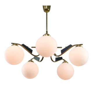 Mid-Century Modern Italian Brass and Opaline Chandelier, 1960 For Sale