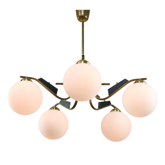 Mid-Century Modern Italian Brass and Opaline Chandelier, 1960 For Sale
