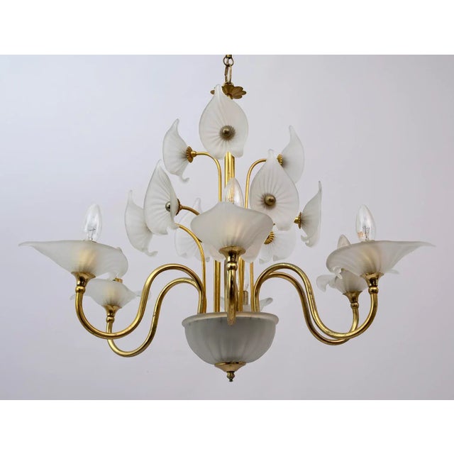 Mid-Century Murano Lattimo and Brass Chandelier, Italy, 1970s For Sale - Image 4 of 9