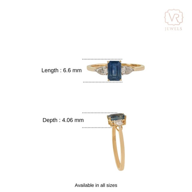 14k Gold 1.22ct Octagon Blue Sapphire & Pear Diamonds Three Stone Ring Size 4 For Sale - Image 12 of 18
