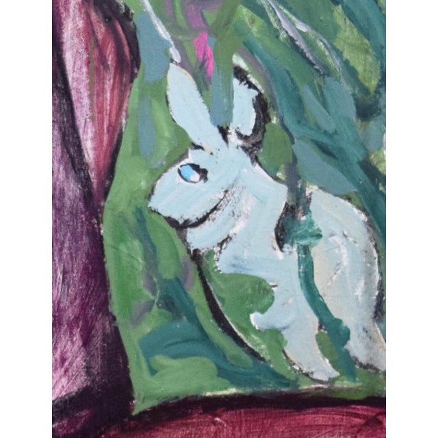 Textile Vintage Mid Century Modernist Figurative Abstract Painting of a Nude With a Rabbit For Sale - Image 7 of 8