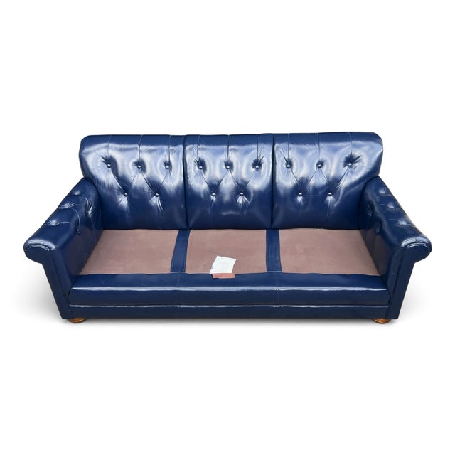 1960s Hollywood Regency Navy Blue Button-Tufted Leather Sofa For Sale - Image 11 of 13