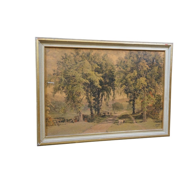 Victorian Antique Hw Robbins Where Noble Elms Abound Cows Farmhouse Road Etching 34" For Sale - Image 3 of 15