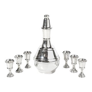 Mid-Century Minimalist Sculptural Sterling Kiddush Decanter and Six Cup Set For Sale