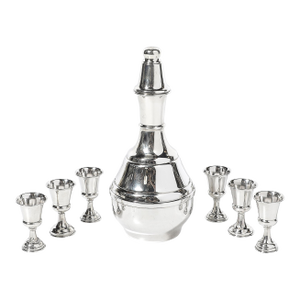 Mid-Century Minimalist Sculptural Sterling Kiddush Decanter and Six Cup Set