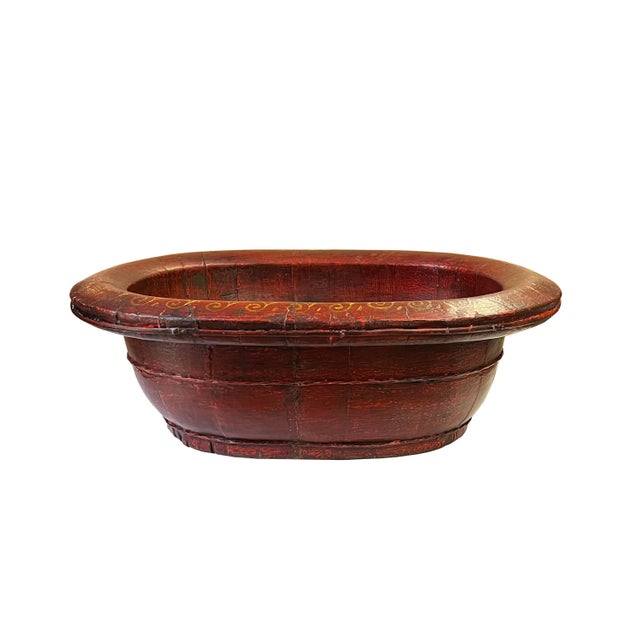 1990s Chinese Vintage Distressed Brick Red Flower Oval Shape Wood Bucket For Sale - Image 5 of 5