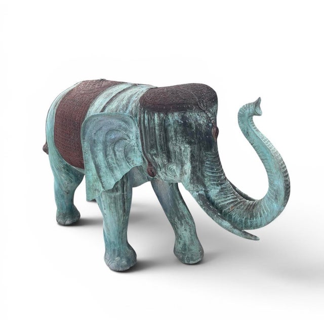 Asian Antique A Pair of Vintage Verdigris Bronze Patinated Elephant Garden Statuary For Sale - Image 3 of 12