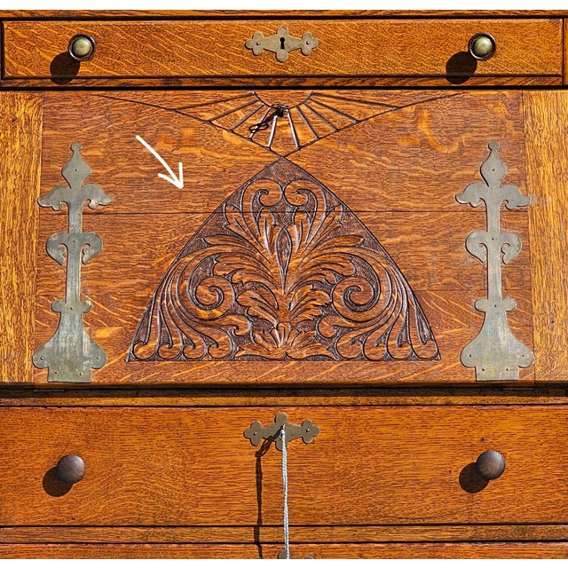 Antique Victorian Oak Slant-Top Secretary Desk | Governor’s Desk | C. 1870s For Sale - Image 16 of 17